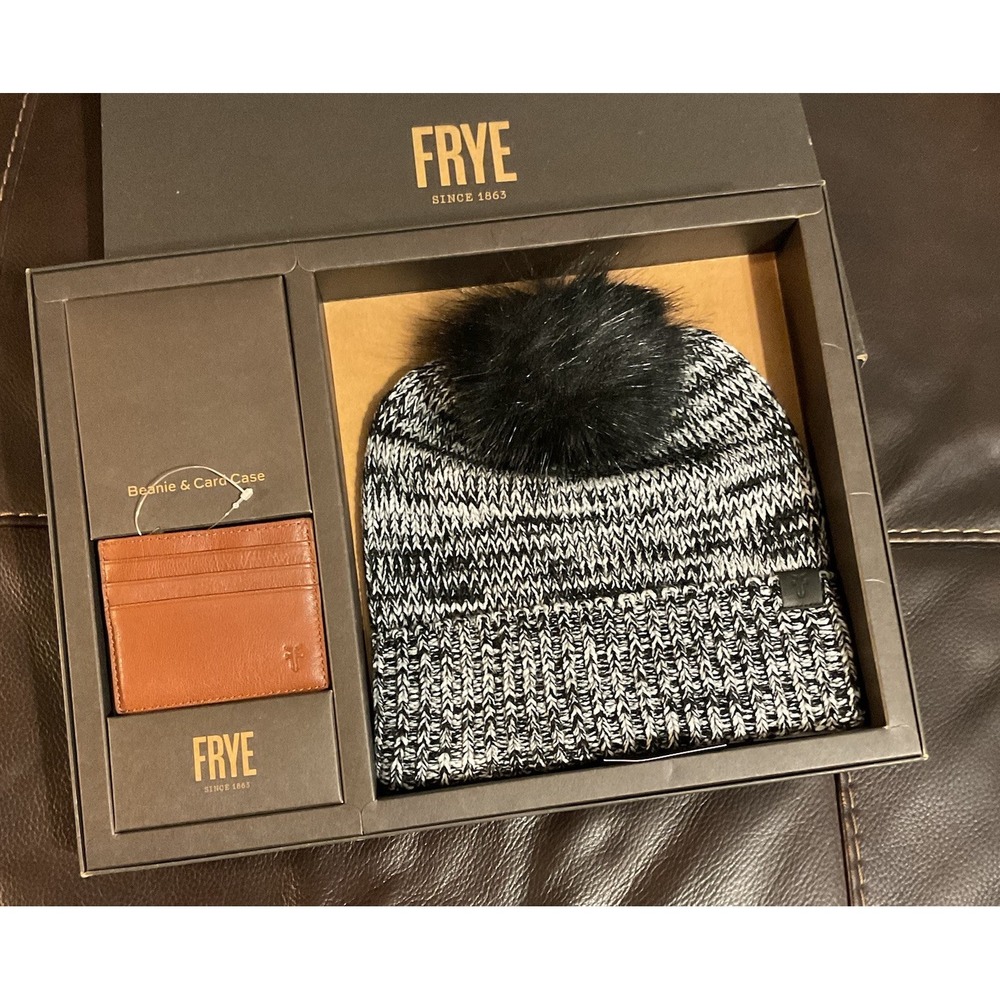 FRYE Leather Card Wallet Insert Marled Black White Knit Beanie Pom Pom Set NEW